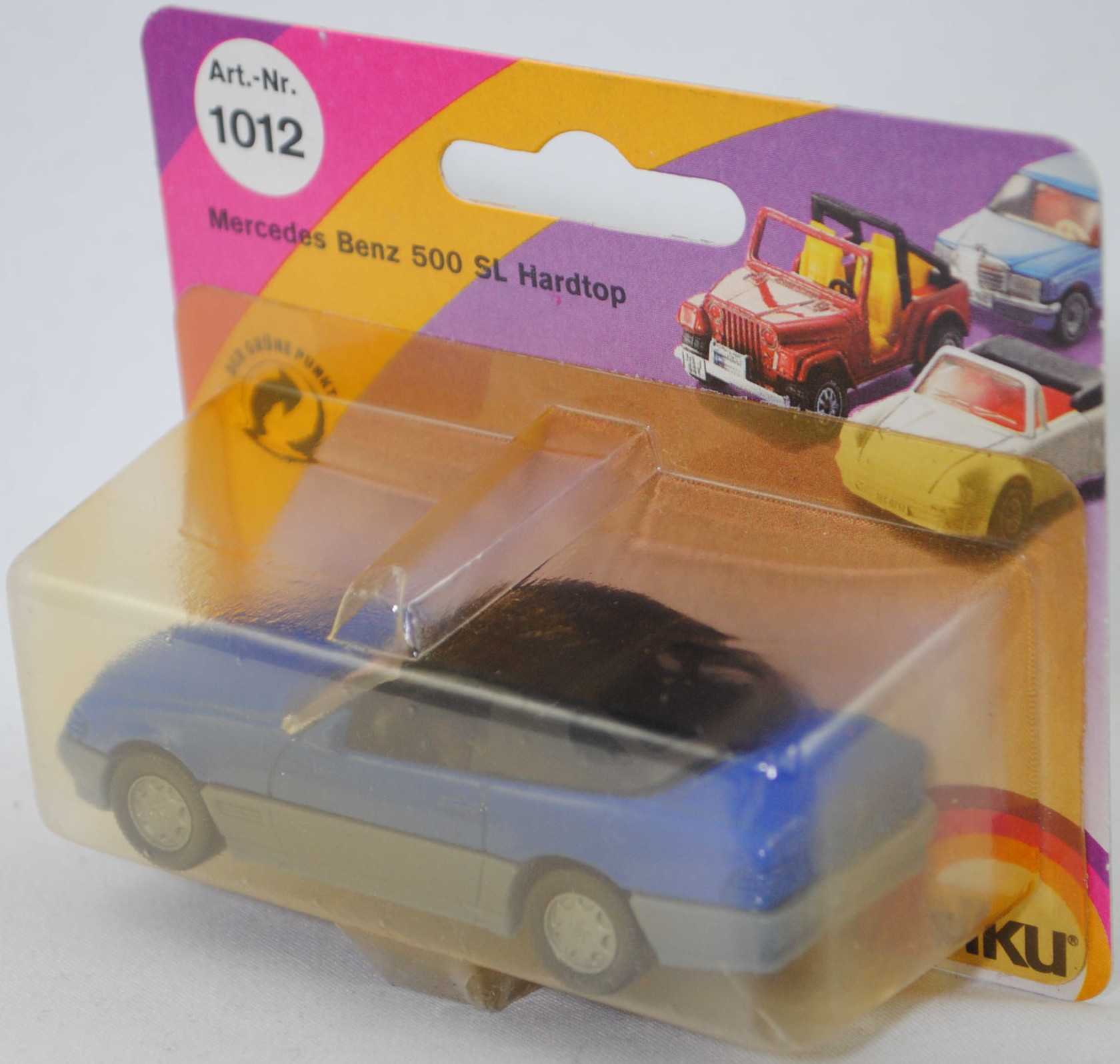 00001 Mercedes-Benz 500 SL mit Verdeck (Hardtop) (R 129, Modell 1989-1992), hell-enzianblau/fehgrau, Scheibe seitlich unlackiert, Heckklappe ohne Stern, Germ, B7, SIKU, 1:55, P23 vergilbt