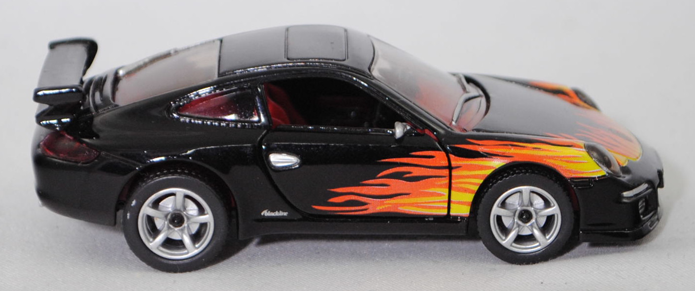 00401 Porsche 911 Carrera S (Typ 997.1 Coupé / 997 MK1 Coupé, Vorfacelift, Modell 2004-2008), schwarz, blackline / Flammendesign, SIKU SUPER, 1:55, m
