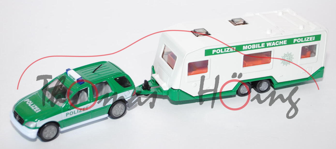 00001 Mercedes ML 320 mit Wohnwagen, minzgrün/weiß, POLIZEI MOBILE WACHE POLIZEI, Chassis PKW in rei