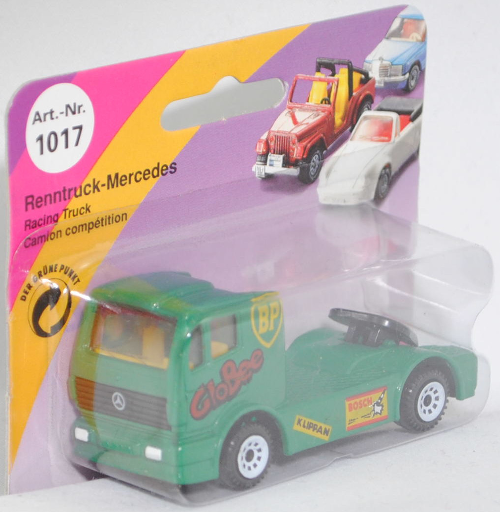 00002 Mercedes-Benz 1450 S (Modell 1989-1993) Renntruck (Truck-Racing-Europameisterschaft, Klasse C), türkisgrün, GloBee / BP / KLIPPAN / BOSCH, C1 reinweiß, SIKU SUPER, 1:83, P23