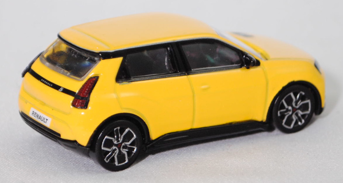 Renault 5 E-Tech Electric Iconic Five 150 Comfort Range (3. Generation, Modell 2024-), Karosserie einschließlich Dach pop yellow! (Farbcode EQJ), Dachlinie silber, Norev, 1:64, mb