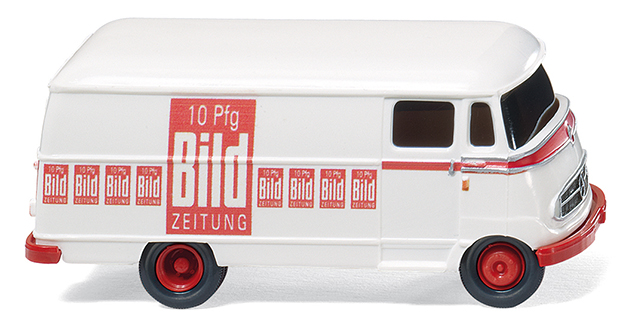 Mercedes L 319 Lieferwagen, Modell 1955-1967, weiß/feuerrot, 10 Pfg / Bild / ZEITUNG, Wiking, 1:87,