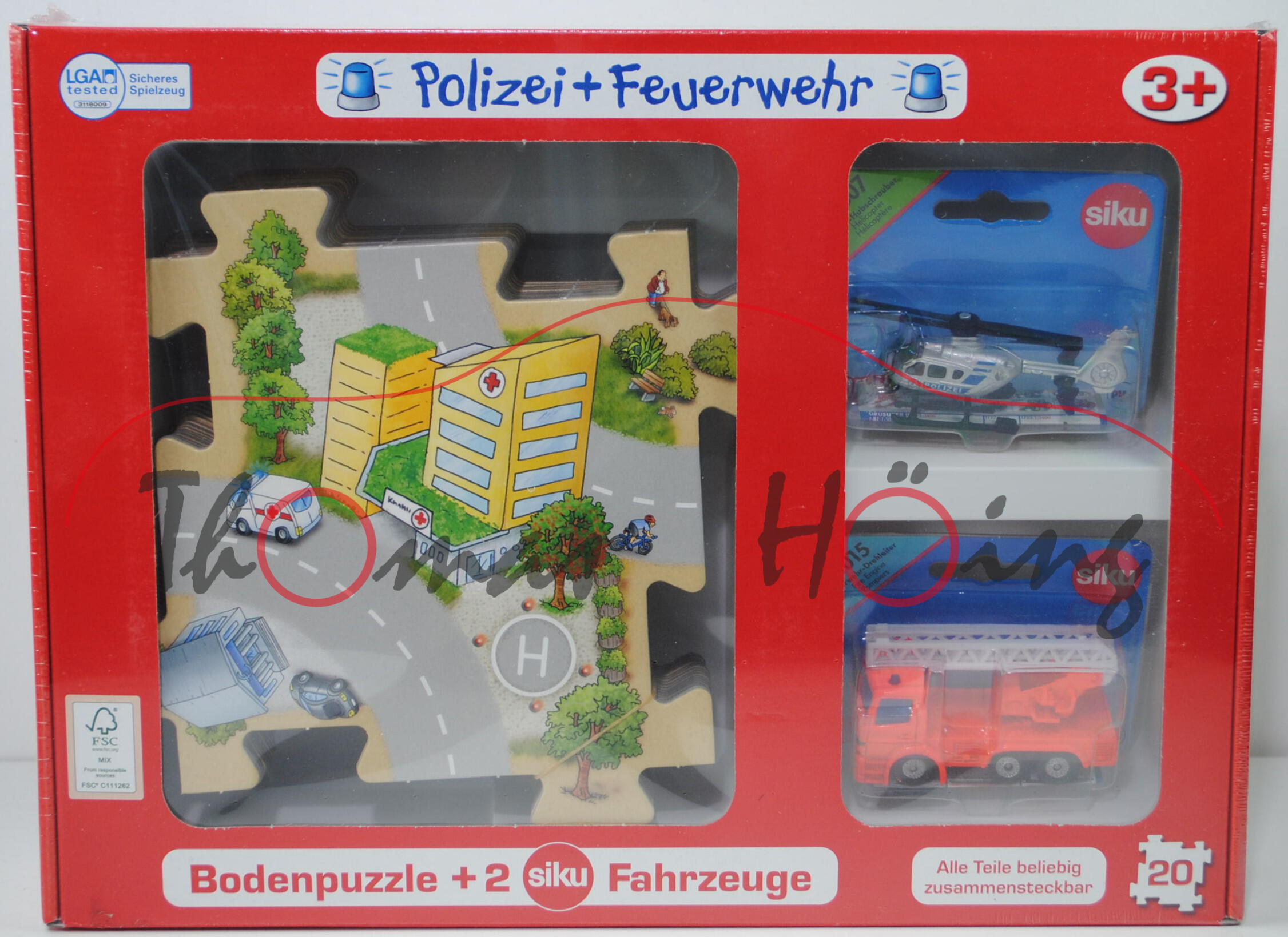 00001 20 teiliges Bodenpuzzle (78 x 63 cm) Polizei+Feuerwehr, incl. 2 Siku Modelle (0807 Polizei-Hub