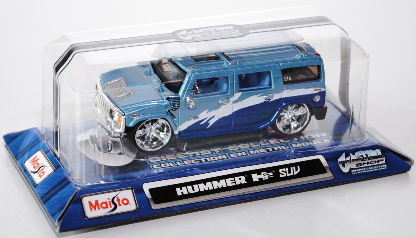 Hummer H2, Modell 2003-2007, pastellblaumetallic/reinweiß/ultramarinblaumetallic, innen blau, Maisto