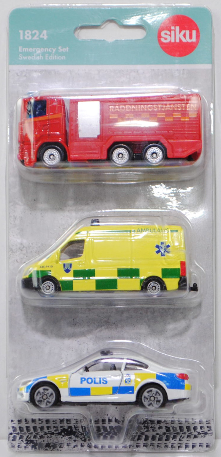 03001 S Schwedisches Emergency Set: Scania R380 Tanklöschfahrzeug + Mercedes-Benz Sprinter II Krankenwagen + BMW M3 Coupé, SIKU SUPER, P29f (SWEDISH SPECIAL)
