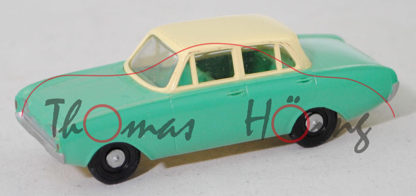 00001 Ford Taunus 17M 4-türig 1500 / 1700 (P3 bzw. Projekt NPX, Modell 1960-1963), Dach weißgelb, Karosserie hell-patinagrün, Siku, 1:60