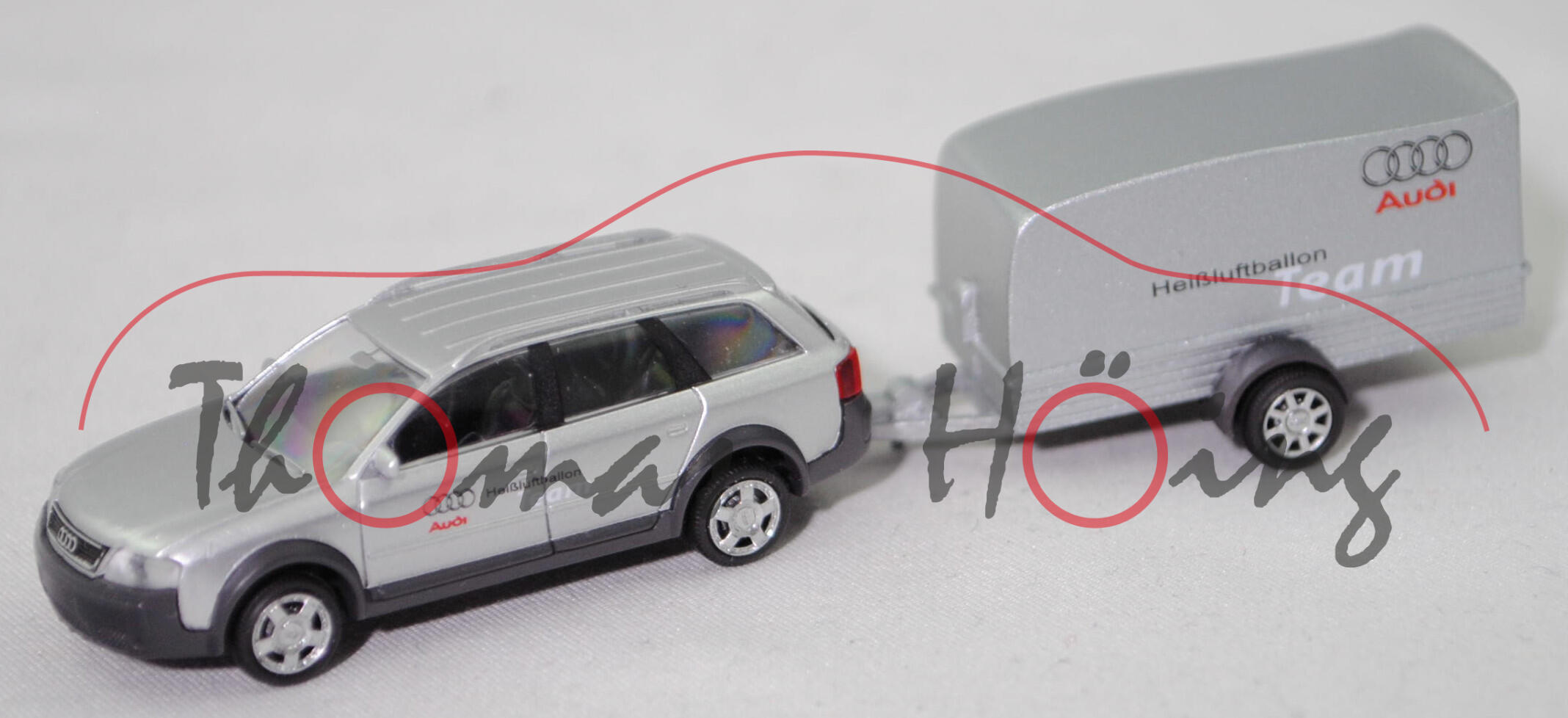 Audi allroad quattro (C5, Mod. 00-02) mit Anhänger, lichtsilber, Audi/Heißluftballon/Team, Rietze, 1:87, mb