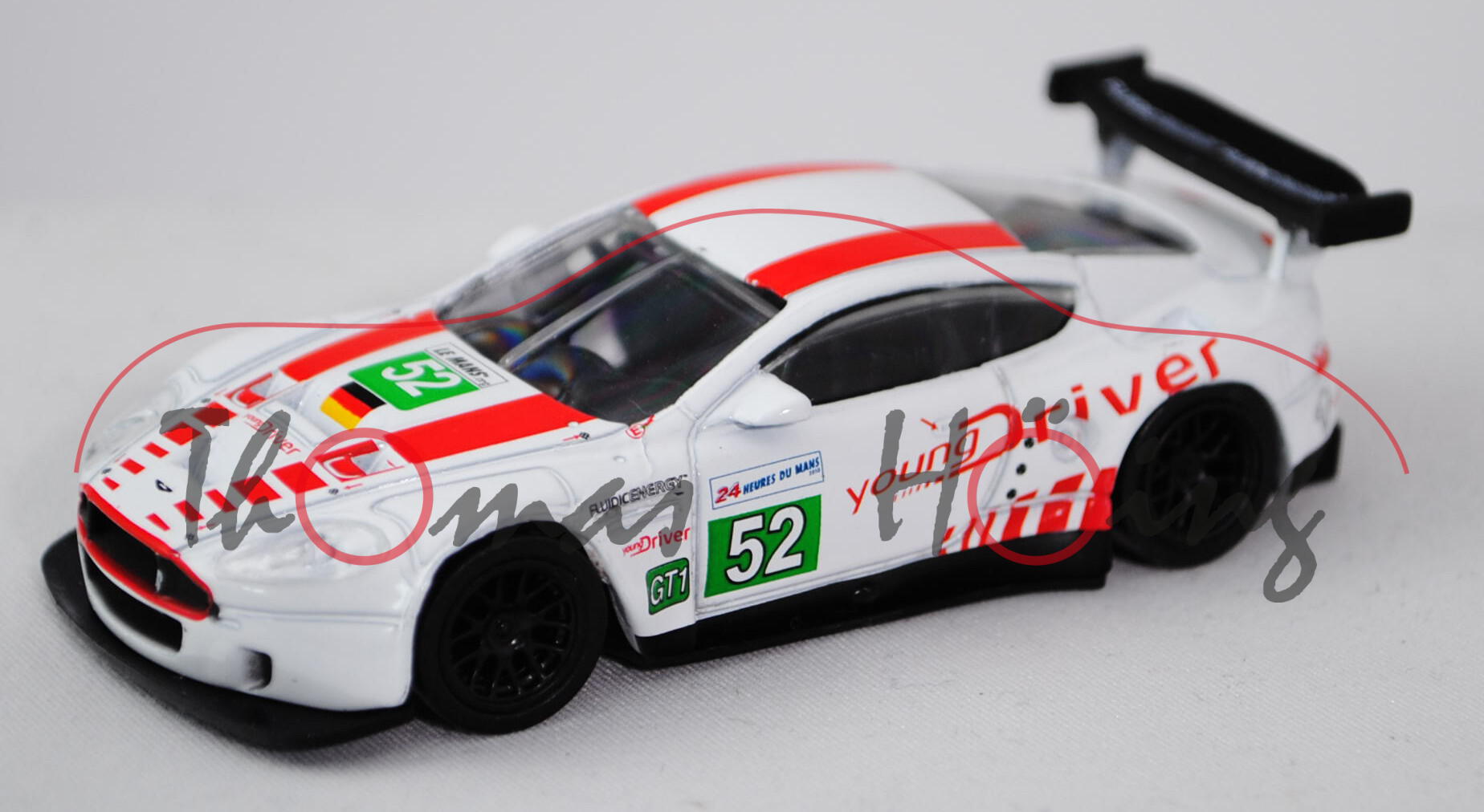 Aston Martin DBR9 GT1, reinweiß/rot, young Driver / 52, Felgen schwarz, ca. 1:57, Norev RACING, mb