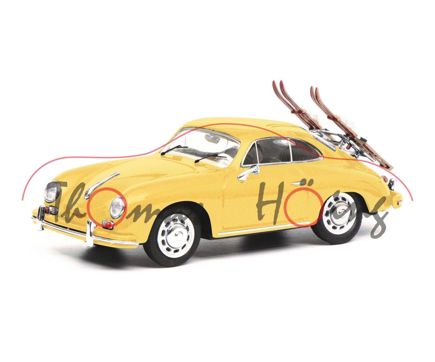 Porsche 356 2000 GS Carrera 2 Coupé (Mod. 1962-1963) Skiurlaub, champagnergelb, Schuco, 1:64, mb