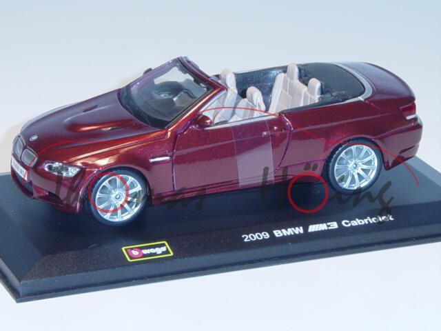BMW M3 Cabriolet, Mj. 2009, oxidrotmetallic, innen schwarz/beige, Türen zu öffnen, Bburago Special E
