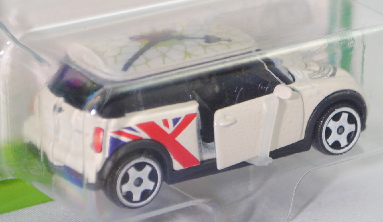 MINI Cooper S (R53, Vorfacelift, Modell 2002-2004) (Nr. 265D), Karosserie cremeweiß, Dach cremeweiß, Union Jack, majorette, 1:55, Blister (MINI ICONS PREMIUM CARS)