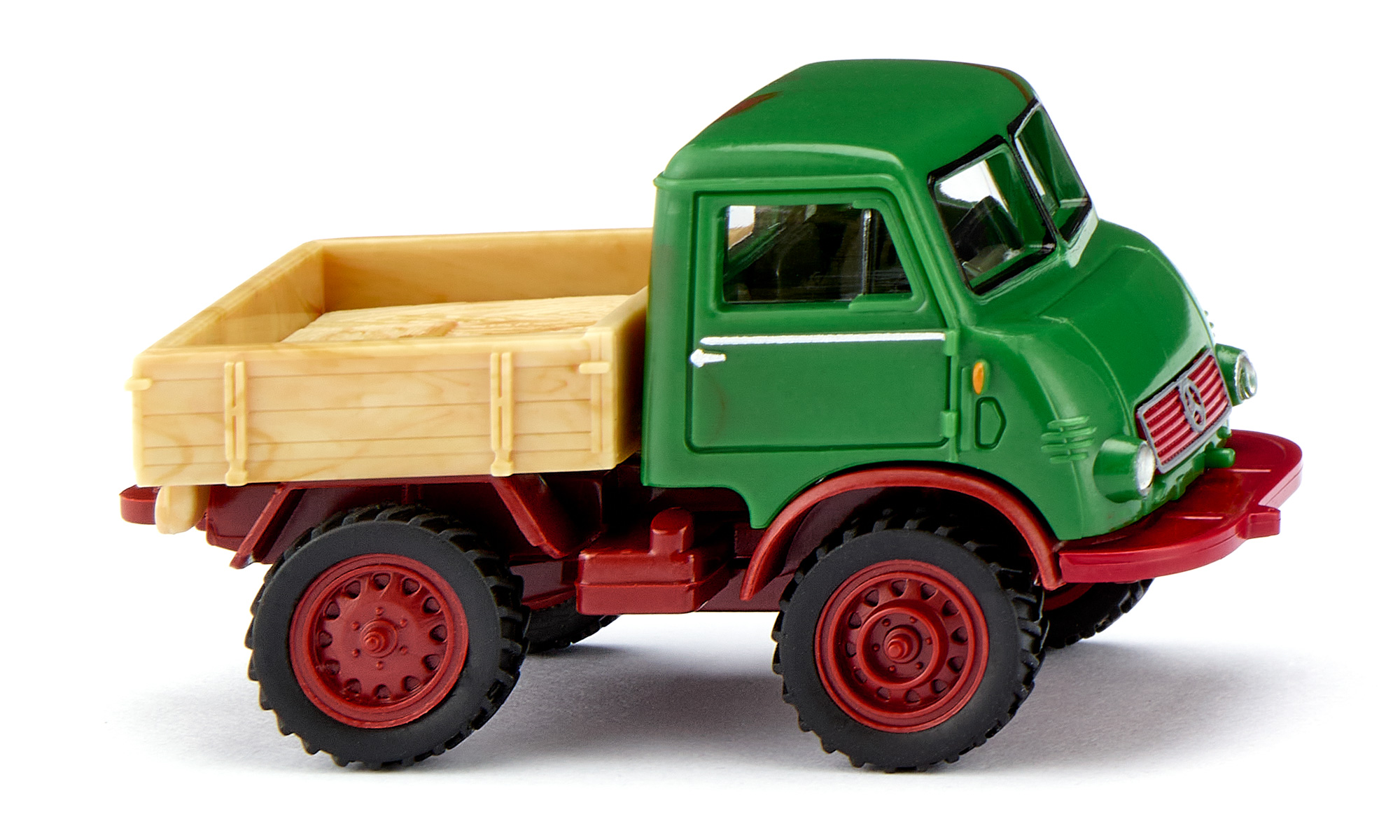 Mercedes-Benz Unimog 401 (1. Generation, Baureihe 401, Typ U25, Modell 1953-1956), smaragdgrün/oxidrot meliert, Pritsche mit Maserungseffekt, Wiking, 1:87, mb
