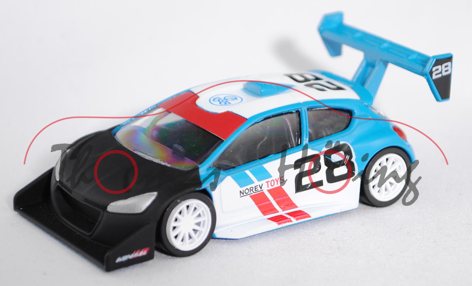 Peugeot 208 T16 Pikes Peak (Modell 2013), reinweiß/mattschwarz/hell-himmelblau, Nr. 28, NOREV TOYS,