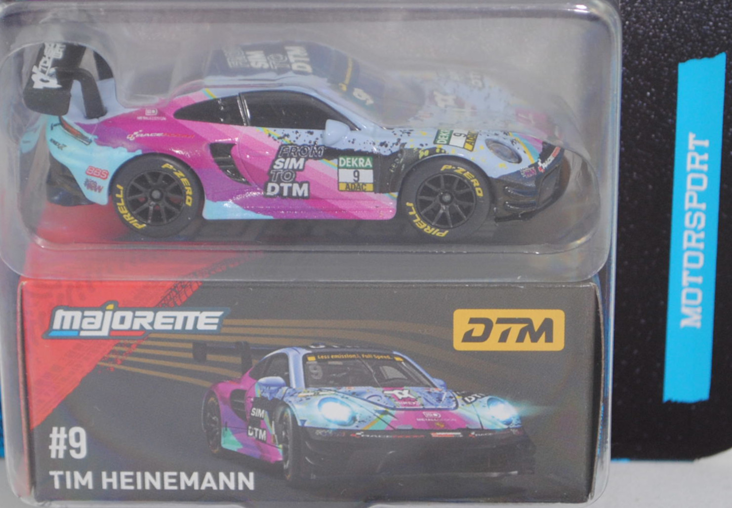 Porsche 911 GT3 R (992.1, Homologationsnummer GT3-055, Vorfacelift, Modell 2023-2025), blau/violett, DTM 2023, Tim Heinemann, Nr. 9, Toksport WRT, majorette, 1:60, Blister