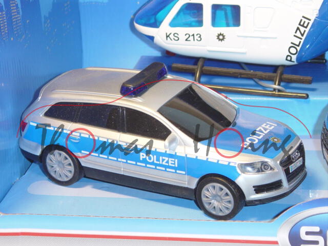 Audi Q7, Mj. 05, silber/blau, POLIZEI, mit Frictionsmotor, Set mit Transporter und Hubschrauber, DIC