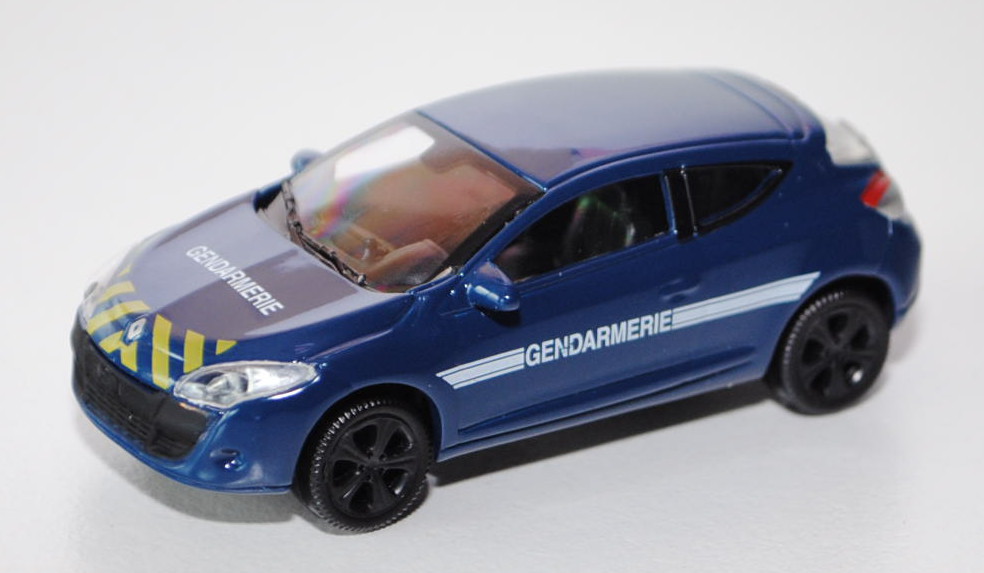 Renault Megane 2008, saphirblau, GENDARMERIE, gelbe Streifen vorne und hinten, 1:50, Norev, mb