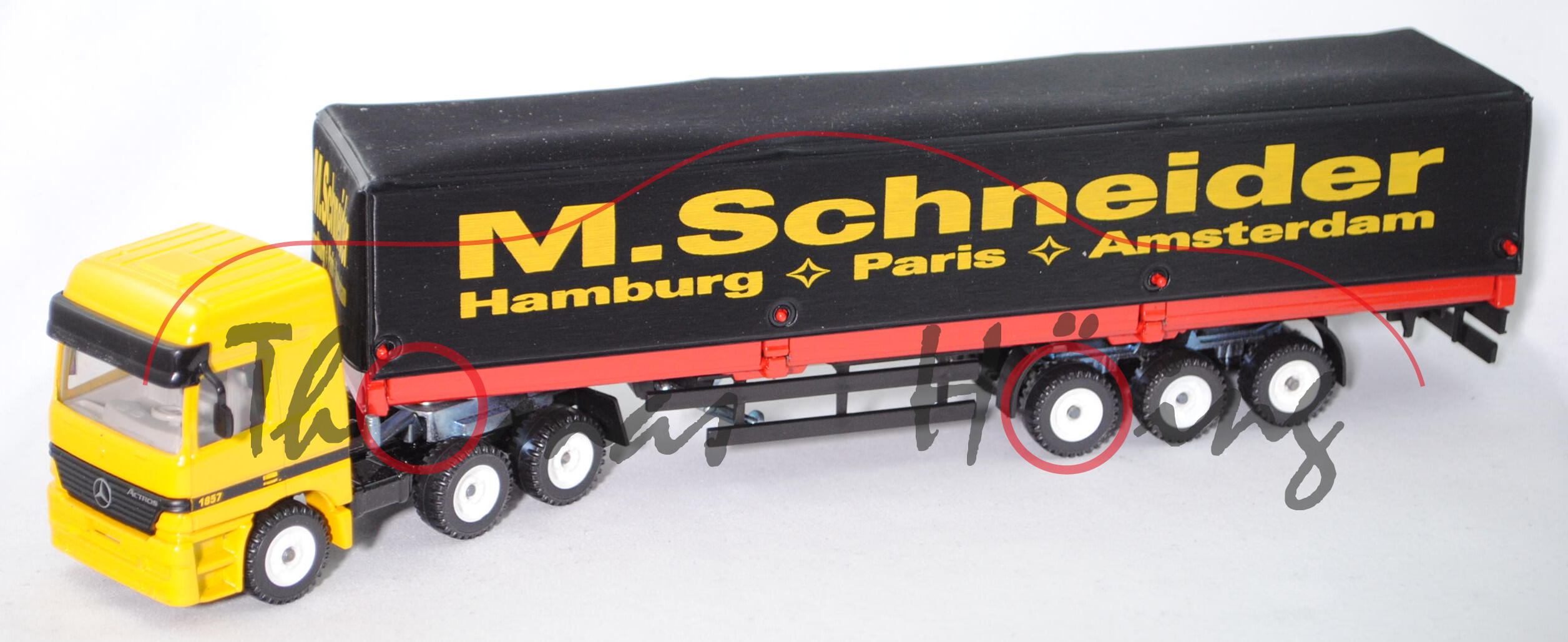 00001 Mercedes Actros 1857 Sattelzug mit Plane, signalgelb/verkehrsrot/schwarz, M. Schneider, L15