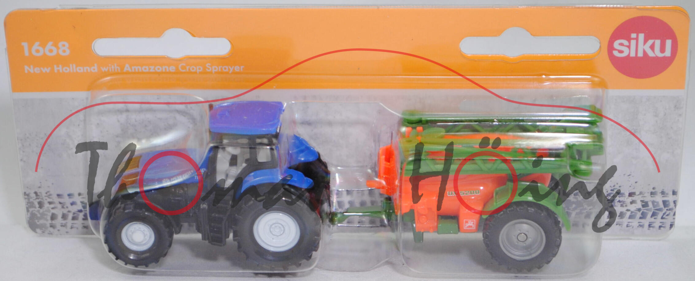 00001 New Holland T8.390 Tier 4A (Modell 2011-2015) mit AMAZONE Anhängefeldspritze UX 5200 Super (Modell 2013-), blau/schwarz + orange/grün, SIKU SUPER, P29f