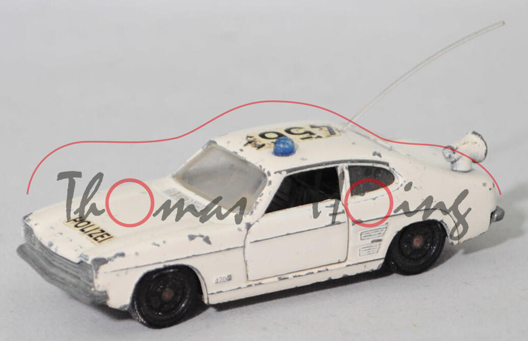 00008 Ford Capri 1700 GT (Typ Capri '69 oder Mk I, Modell 1969-1972) Autobahnpolizei Düsseldorf, reinweiß, POLIZEI / 4563, Verglasung klar, R3, SIKU, 1:60, sc