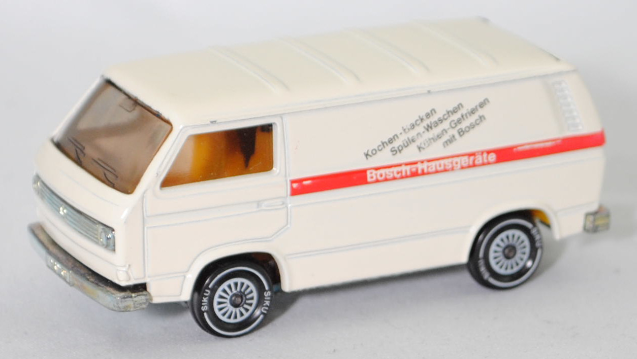 VW Transporter Kastenwagen (T3, Modell '80, Modell 1979-1982), cremeweiß, Kochen-Backen / Spülen-Waschen / Kühlen-Gefrieren / mit Bosch / Bosch-Hausgeräte, SIKU, 1:60, m-
