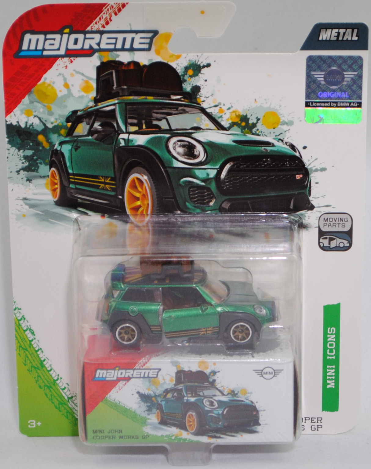 MINI John Cooper Works GP (F56, 1. Facelift 2018, Modell 2020-2020) mit Dachgepäckträger und Ladegut (Nr. 265C), hell-moosgrünmetallic/mattschwarz, majorette, 1:58, Blister (MINI ICONS DELUXE CARS)