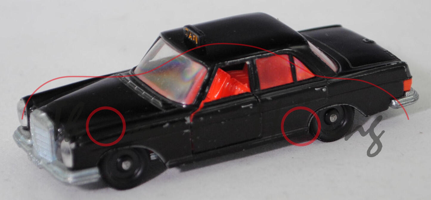 00007 Mercedes-Benz 250 S (Baureihe W 108 II, Vor-Mopf, Mod. 1965-1968) Taxi, schwarz, Lenkrad weg, Rückleuchten rotorange, R2, SIKU, 1:60, m- (Stern + Lenkrad weg)