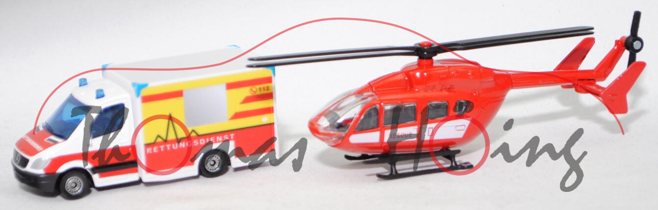 00000 MIESEN Rettungswagen mit Kofferaufbau und Eurocopter EC 145 Hubschrauber, reinweiß, SIKU, L17mpK