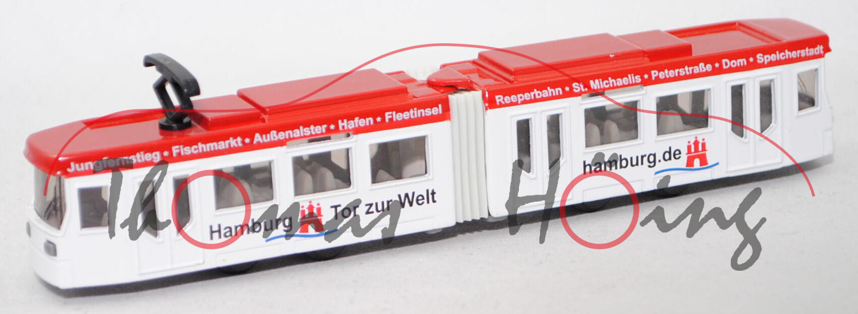 00005 ADtranz GT4N-ZR Niederflur-Straßenbahn (Modell 1997-2009), rot/weiß, Hamburg Tor zur Welt hamburg.de, SIKU, 1:117, m-