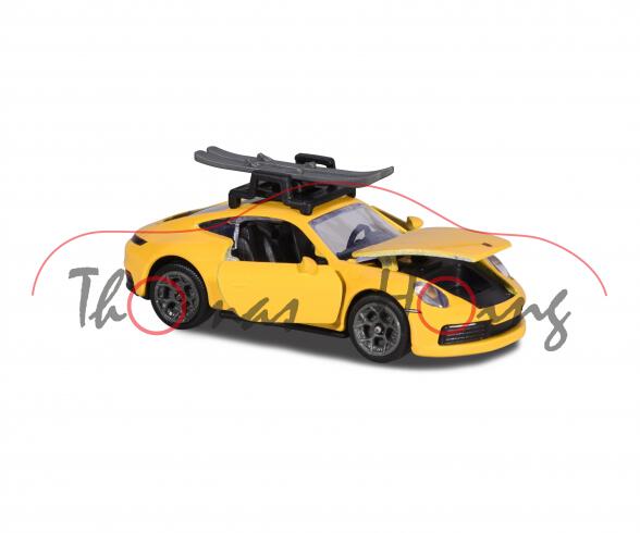 Porsche 911 Carrera S Coupé (Typ 992, Mod. 18-) mit Ski (Nr. 209K), signalgelb, majorette, 1:60, mb