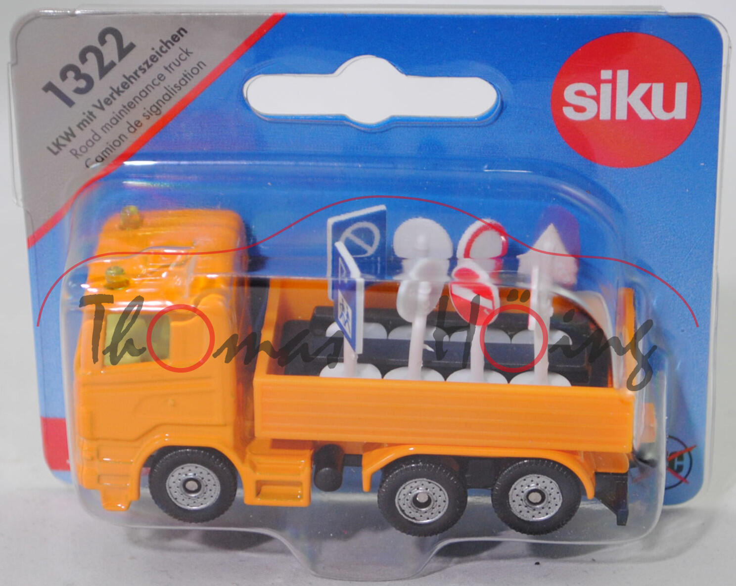 00008 Scania R380 (Typ CR16, Mod. 07-09) LKW mit Verkehrszeichen, melonengelb, Stoßfänger vorne durchgehend, Ladegut: 8 Verkehrszeichen, SIKU SUPER, 1:89, P29e