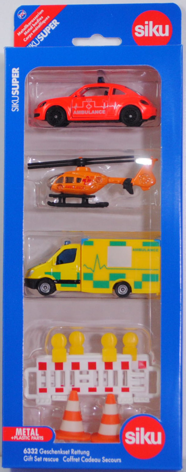 00001 Geschenkset Rettung: VW The Beetle + Eurocopter EC 135 T1 + Rettungswagen auf Mercedes-Benz Sprinter II Fahrgestell, Kühlergrill ohne Lüftungsgitter, SIKU SUPER, P32mpR