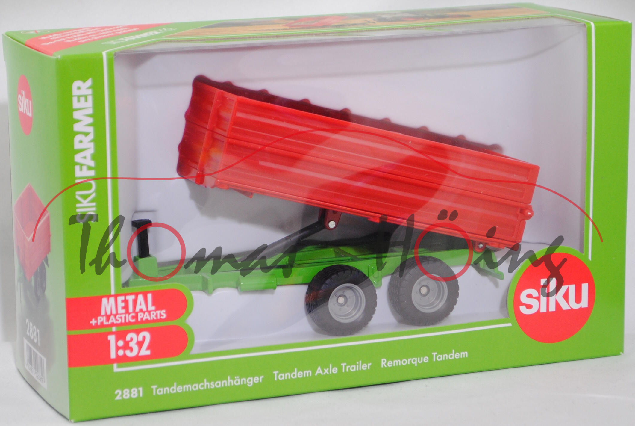 00000 Tandem-Achs-Anhänger (Typ Hinterkipper), Plattform (Pritsche / Brücke) verkehrsrot, Bordwände verkehrsrot, Chassis gelbgrün, SIKU FARMER 1:32, L17mpK