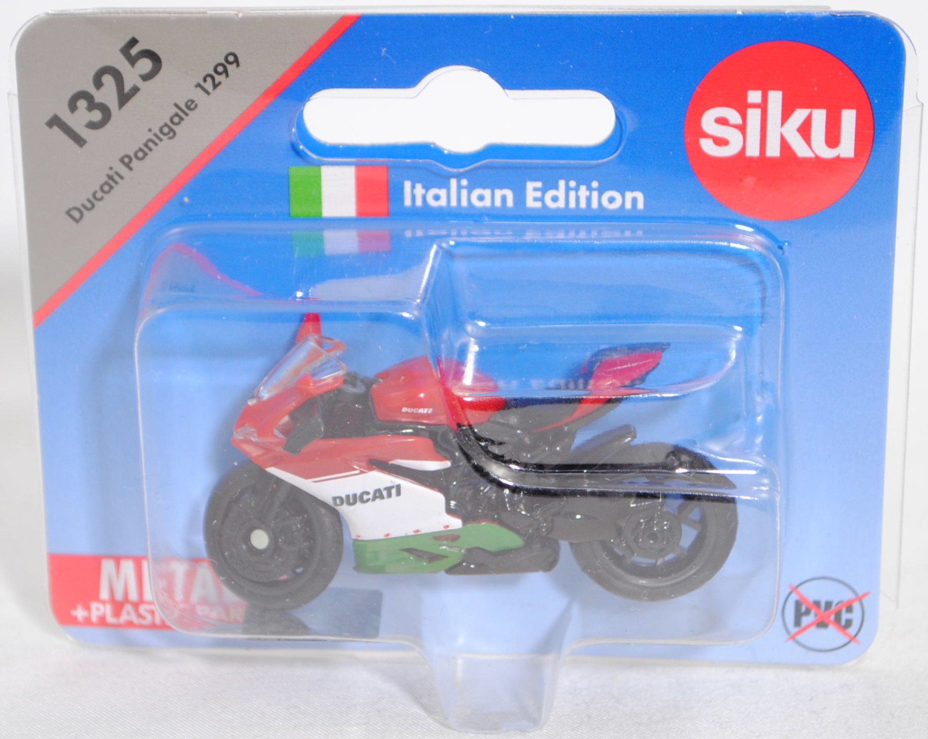 00500 I Ducati 1299 Panigale (4. Generation, Typ Superbike, Modell 2015-2018) Tricolore, rot/schwarz, Verkleidung mit Druck Tricolore, SIKU SUPER, 1:35, P29e mit grauer Preisecke