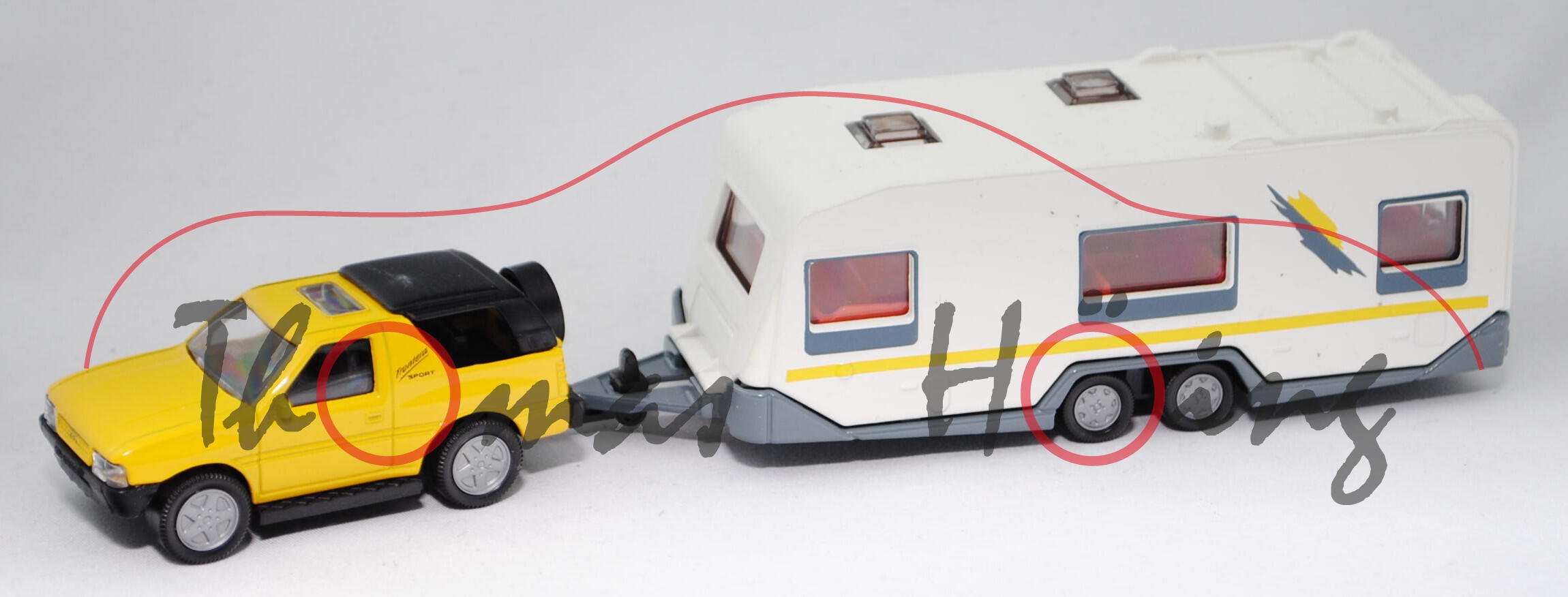 00010 Opel Frontera (Typ A, Mod. 91-95) mit KNAUS EUROSTAR 620 TF Wohnwagen, gelb, L14n