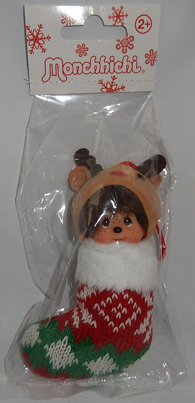 Monchhichi Xmas (Christmas) Ornaments Assortment Elch (Monchhichi Weihnachtsschmuck Elch im rot/grün/weißen Socken als Anhänger), 10 cm groß, Sekiguchi