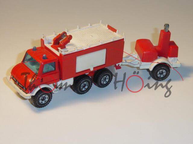 00000 Unimog 406 Löschfahrzeug mit Anhänger, verkehrsrot/weiß, LKW10, Dachreeling beschädigt, Seilwi