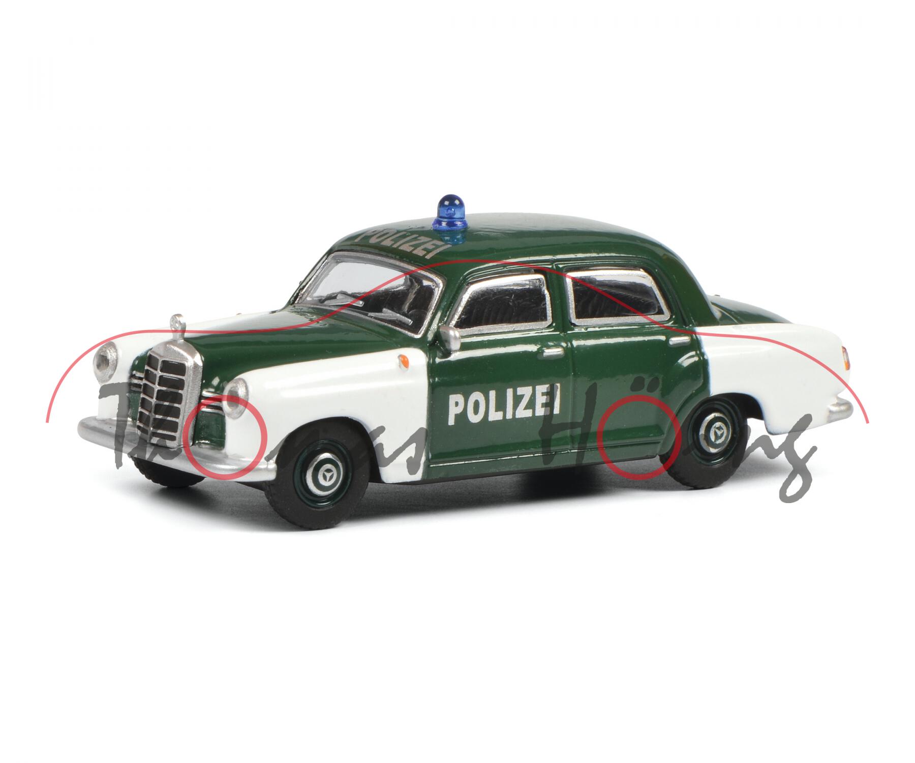 Mercedes-Benz 180 D (W 120, Mod. 1954-1959) Polizei, moosgrün, Kotflügel reinweiß, Schuco, 1:64, mb