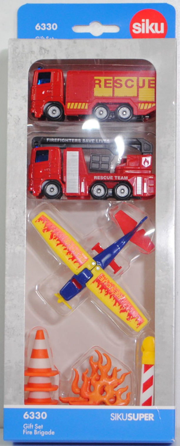 00001 Geschenkset Feuerwehr: Scania R380 Tanklöschfahrzeug + Rosenbauer Hubrettungsbühne B32 + Sportflugzeug + Zubehör, Scania: Stoßfänger vorne durchgehend, SIKU SUPER, P33R