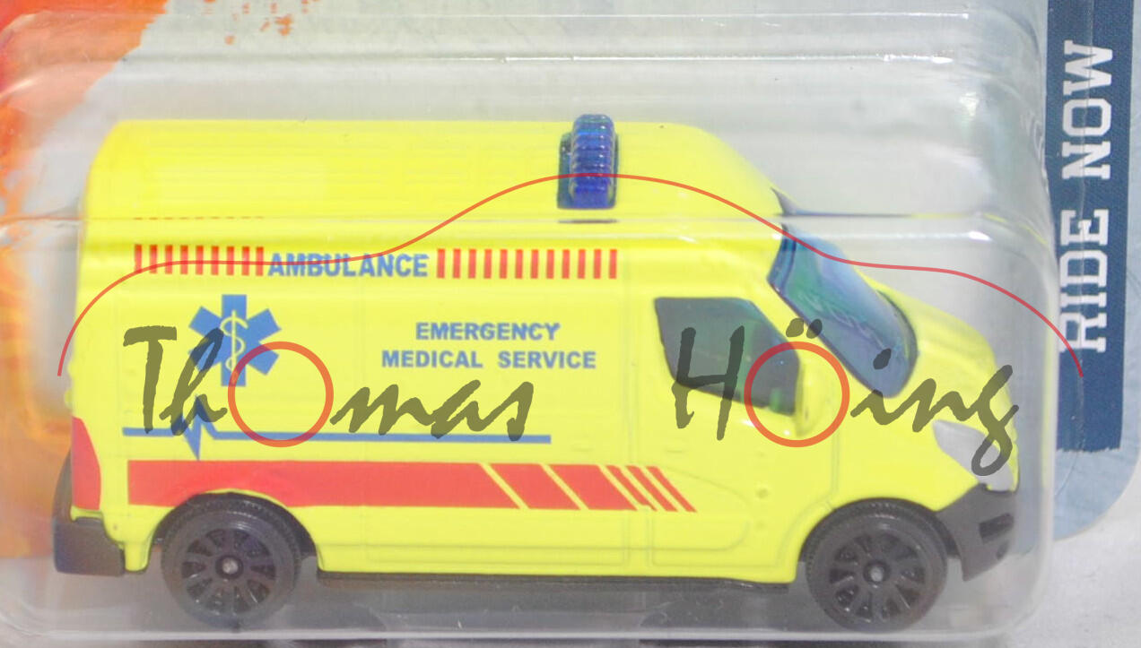 Renault Master III Kastenwagen (Modell 2010-2014) (Nr. 239C) Rettungswagen, leuchtgelb, AMBULANCE / EMERGENCY / MEDICAL SERVICE, majorette, 1:66, Blister (STREET CARS RIDE NOW)