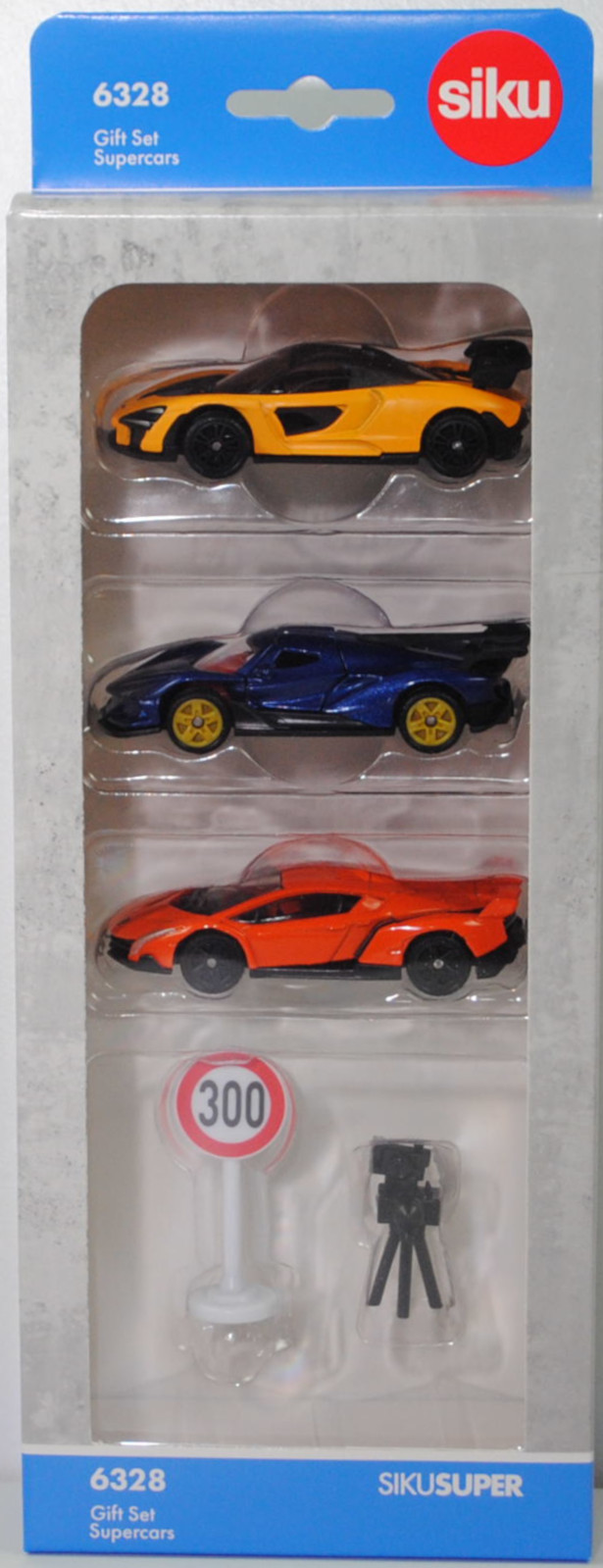 00000 Geschenkset Supercars: Lamborghini Veneno Coupé, hellrotorange + McLaren Senna, melonengelb/schwarz + Apollo IE, hell-kobaltblaumetallic, SIKU SUPER, P33R (Plastikeinlage)