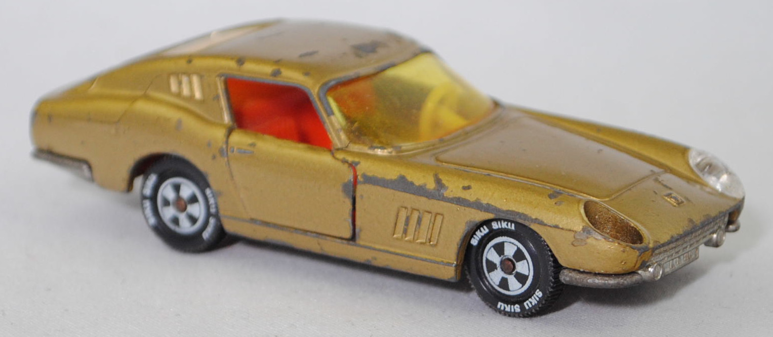 00002 Ferrari Berlinetta 275 GTB (Tipo 563, 2. Serie, Long Nose / Lange Nase, Modell 1965-1966), goldmetallic, transparente Frontscheinwerfer, Bpr. V 269, Germ, R10 reinweiß, SIKU SUPER, 1:56, vsc, Bpr. V 269, Germ, R10 reinwei