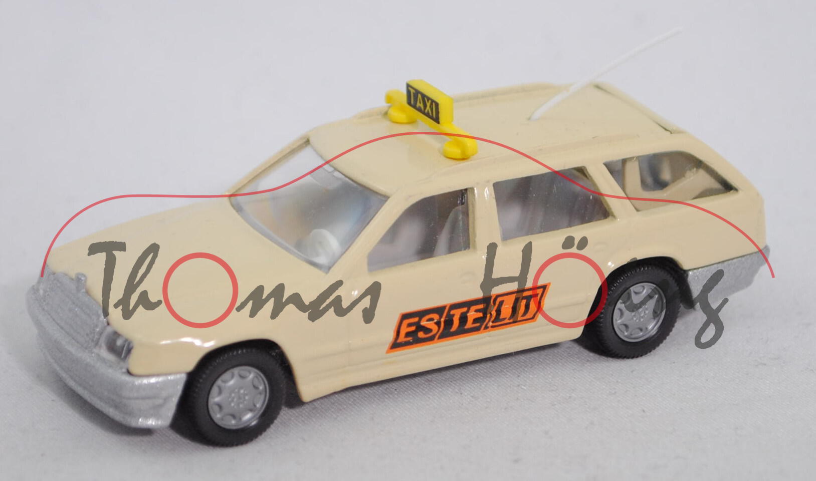 00007 Mercedes-Benz 300 TE (Baureihe S 124, Mod. 1985-1986) Taxi, elfenbein, ESTELIT, B7, Werbebox