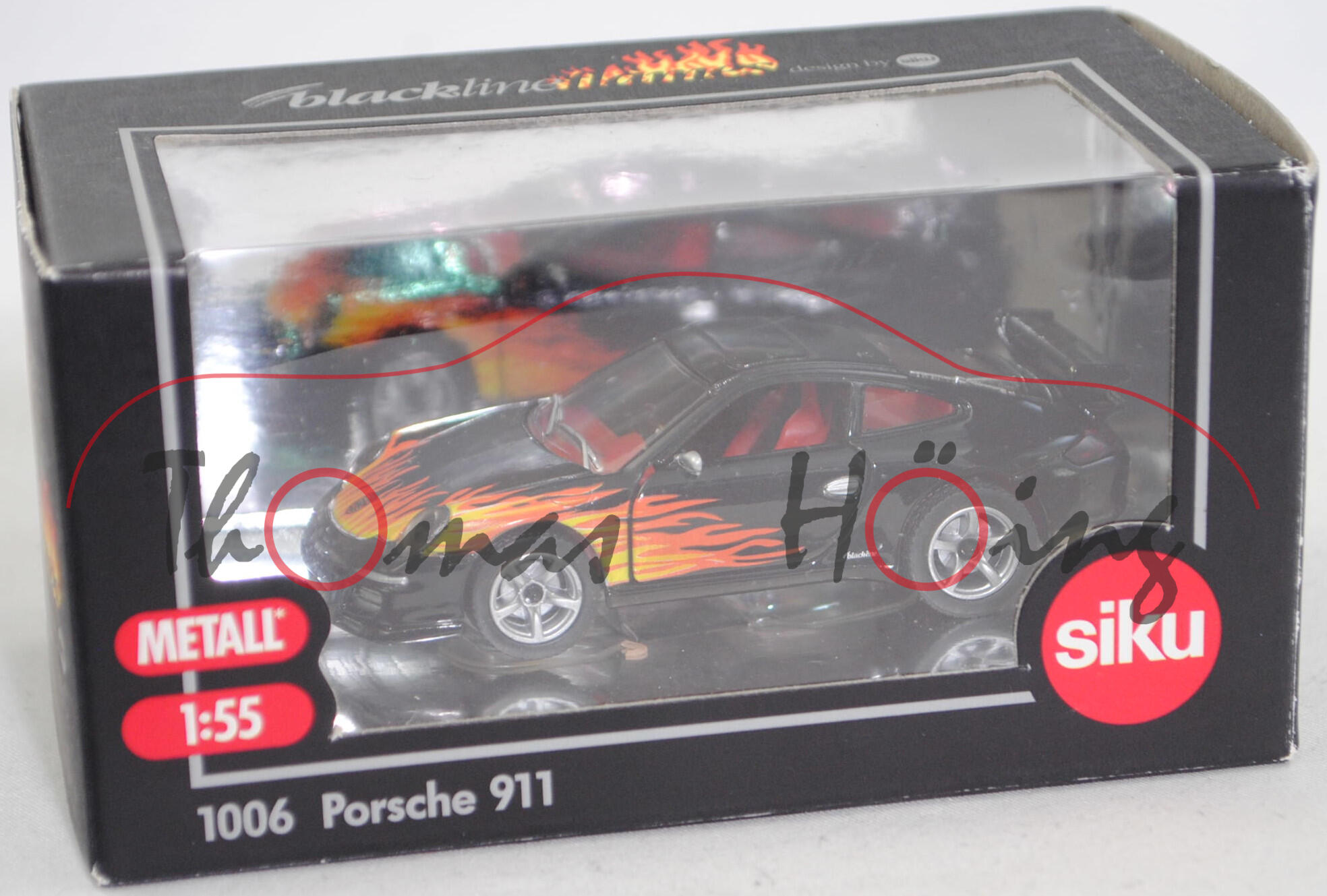 00401 Porsche 911 Carrera S (997.1 , Modell 2004-2008), schwarz, blackline, Flammendesign, SIKU, 1:55, Werbeschachtel (Limited Edition IAA PKW Frankfurt 2007)