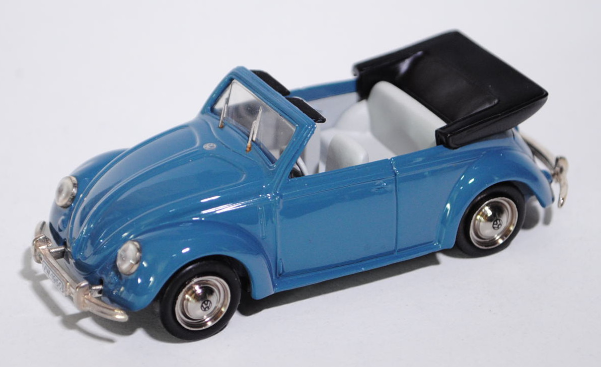 VW Käfer 1200 Cabriolet offen (Typ 15), Modell 1950, hell-azurblau, innen lichtgrau, Verdeck schwarz