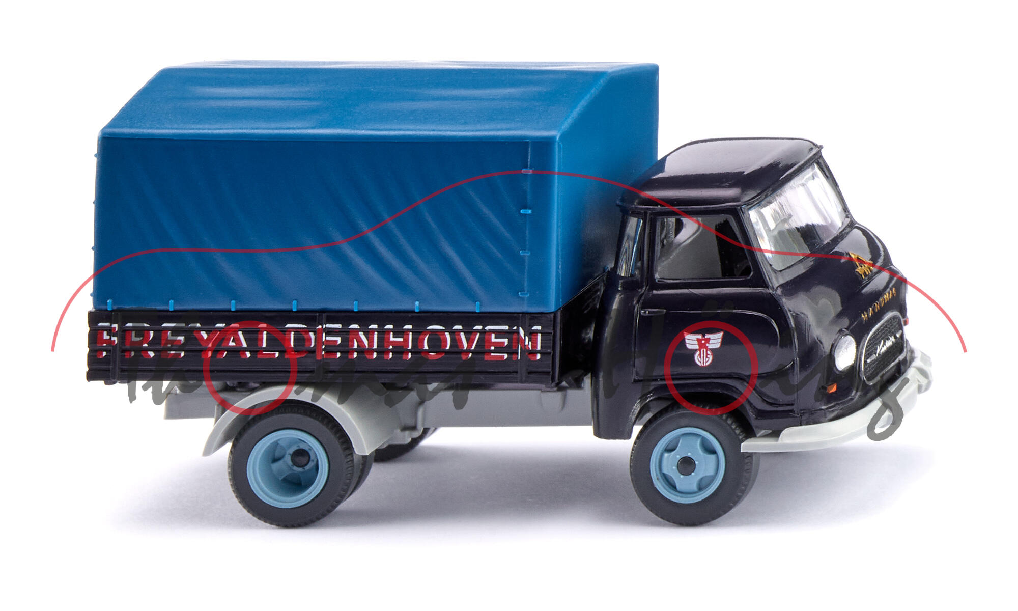 Hanomag Kurier-Pritschenwagen (1. Generation, Modell 1960-1964) (Pritschen-LKW), schwarzblau, FREYALDENHOVEN, Wiking, 1:87, mb