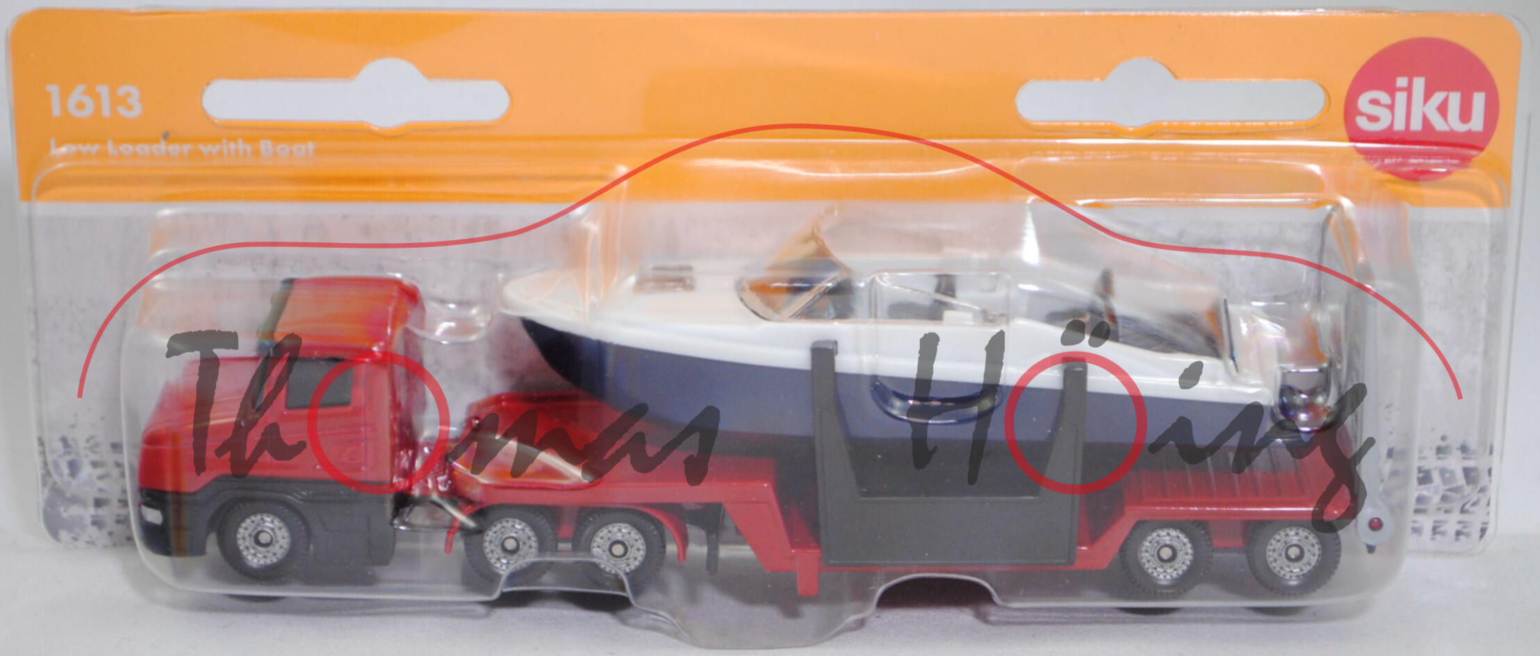 00006 Scania T114GA 6x4 NZ 340 (Baureihe Serie 4, Modell 1995-1998) mit 2-Achs-Tiefbett Sattelauflieger und Boot, dunkel-verkehrsrot + reinweiß/saphirblau, SIKU SUPER, P29f