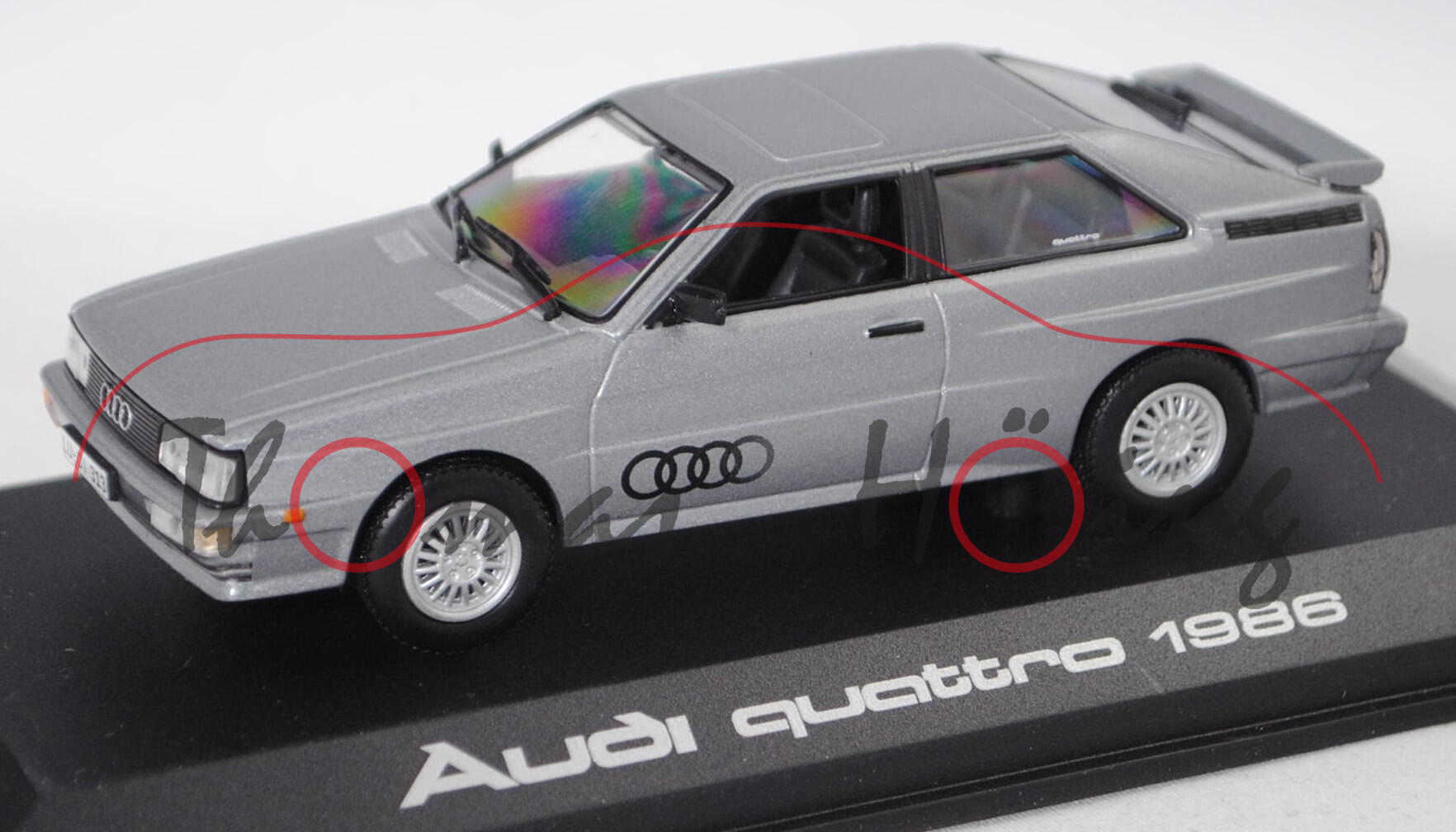 Audi Quattro (Typ 85Q, Modell 1985-1987, Baujahr 1986), silbergraumetalic, Norev, 1:43, PC-Box