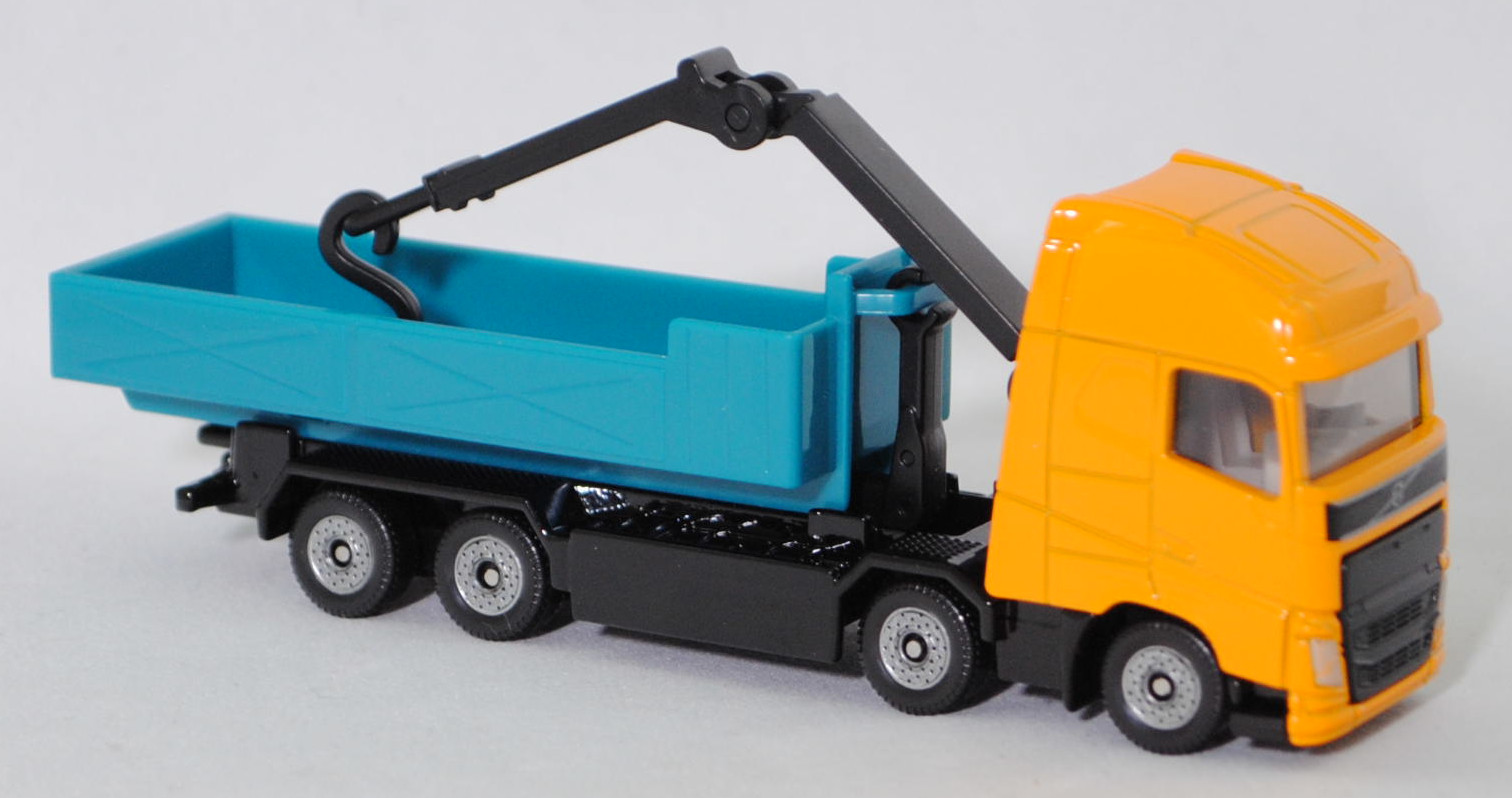 00000 Volvo FH16 750 Globetrotter-XL 8x4 (Modell 2013-2020) Abrollkipper mit Ladekran und Abrollcontainer, melonengelb/schwarz/wasserblau, C36, SIKU SUPER, 1:87, P29f