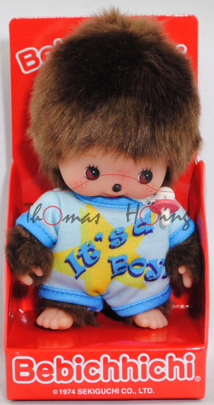 Bebichhichi (Monchhichi) Boy in Romper It's a Boy (Junge im Strampler It's a Boy), 15 cm groß, Sekiguchi (EAN 4905610203840)