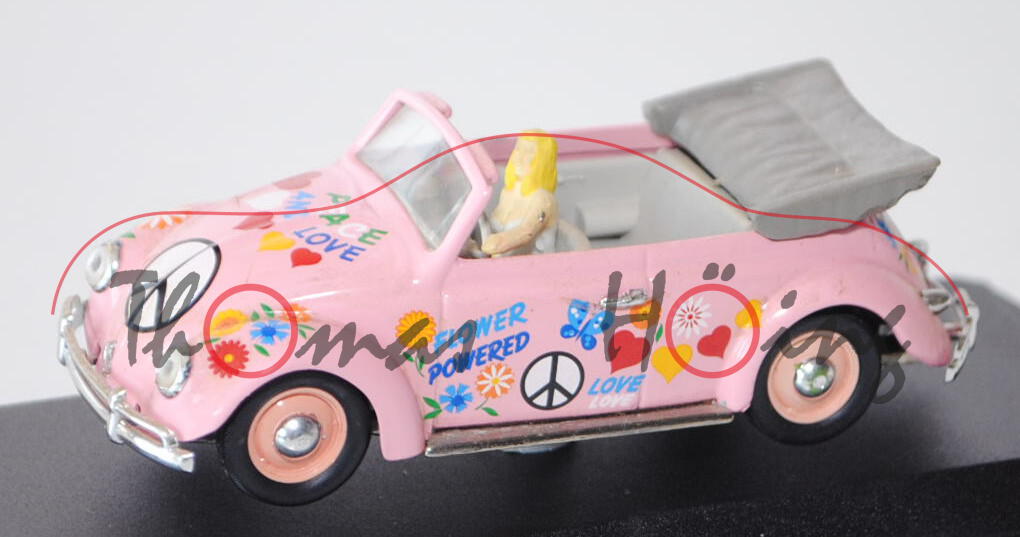 VW Käfer Cabriolet offen (Typ 15) Hippy Style, Modell 1949, hellrosa, PEACE / AND LOVE / FLOWER / PO